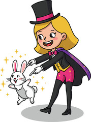 Cartoon magician, blonde hair, rabbit trick, pink bow tie, black cape, stage performance, sparkles, festive show, magic act, entertainment