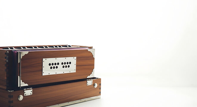 A harmonium musical instrument made of wood with metal accents on a white background studio shot ai generated