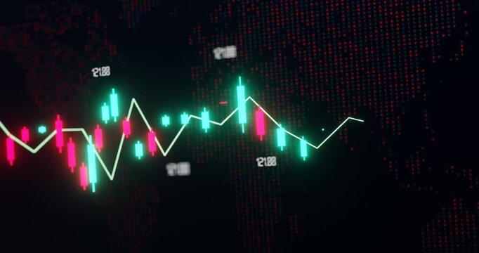 Abstract financial background with a candlestick chart and digital map of the world. Concept of global trading, investment, economy, and digital finance.