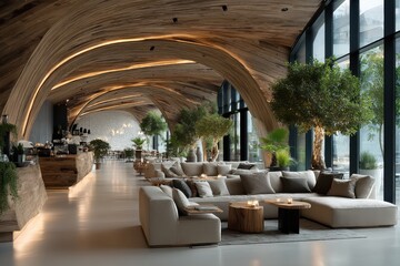 Fototapeta premium Modern hotel lounge featuring natural wood arches and comfortable furnishings