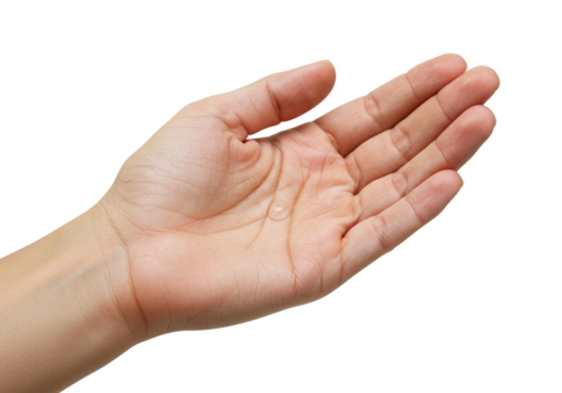 Open human hand isolated on transparent background, palm up offering or receiving