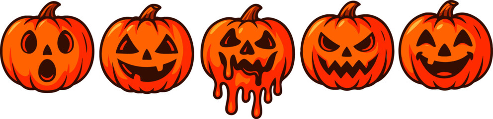 Fototapeta premium Vector illustration of five Halloween pumpkins clipart with carved faces, spooky jack o lantern set, decorative cut file