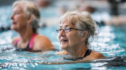 Active seniors enjoying a water aerobics class at the pool, engaging in fitness and wellness activities while promoting a healthy lifestyle in a supportive community environment.