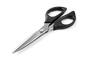 Obraz premium Professional sharp steel scissors with comfortable black ergonomic handles, ideal for crafting, tailoring, and precise cutting tasks in any creative workspace.