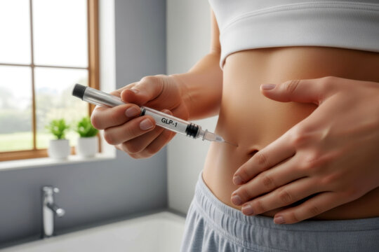 Woman holding GLP-1 injection pen for diabetes and weight management treatment. Modern diabetes treatment and weight management therapy.
