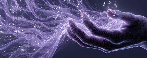 Open digital hand emerging amidst glowing and flowing abstract elements