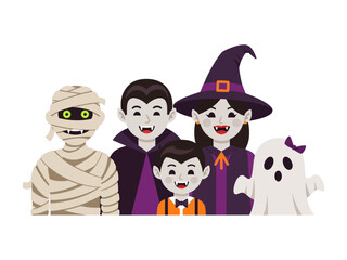 Spooky Gathering: A spirited array of Halloween characters, each in their costume and ready to celebrate spooky season. An illustration of mummy, vampire, witch.