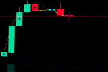 Minimalist, abstract close-up of a dark trading chart, showing a shift from a strong bullish trend (green) to a potential bearish reversal (red) using Japanese candlesticks.

