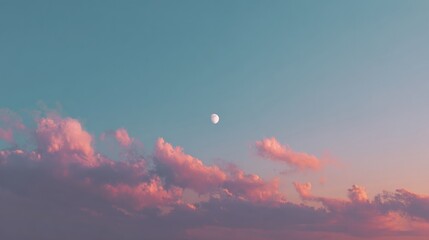 Serene Pink Clouds and Moon Against Clear Blue Sky at Dusk