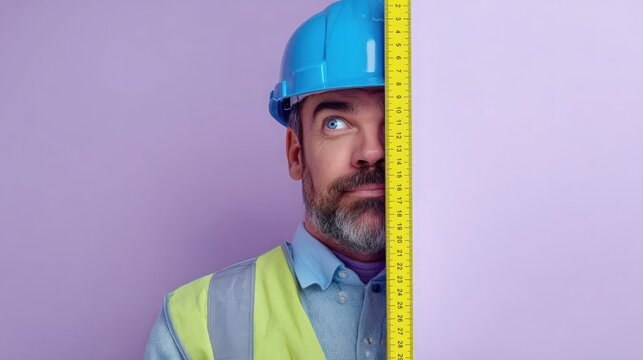 A middle-aged Caucasian man with a beard wears a blue hard hat and a reflective vest. He holds a measuring tape against a purple wall. - Powered by Adobe