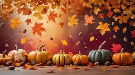 Thanksgiving background with pumpkins and leaves
