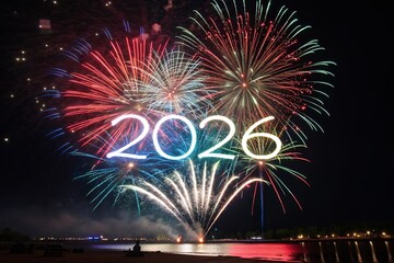 Vibrant fireworks display illuminates the night sky for the year 2026