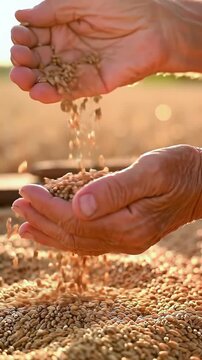 Extreme close-up macro video of human hands sifting golden wheat grains through cupped palms, bathed in soft golden hour light, with sun-drenched bokeh. Concept of nature's microcosm and harvest