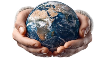 Earth held in human hands isolated on white background, symbolizing care, environment, and global responsibility