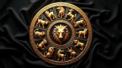 An ornate golden zodiac wheel, centered with a majestic lion, is set against a luxurious black fabric, representing the strength and regal nature associated with astrological signs