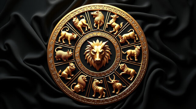 An ornate golden zodiac wheel, centered with a majestic lion, is set against a luxurious black fabric, representing the strength and regal nature associated with astrological signs