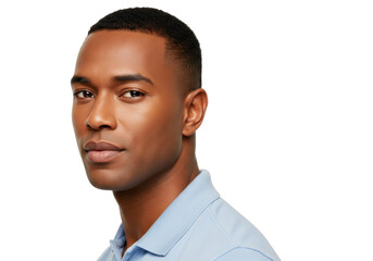 Isolated handsome serious African man, portrait profile with light blue polo shirt on display