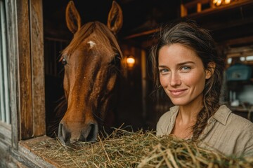Smiling woman and brown horse in a rustic stable setting