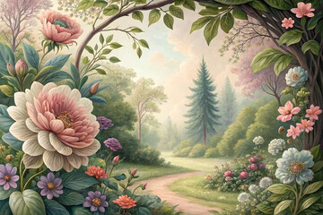 Vintage Floral Garden Painting – Romantic Blossoms and Winding Pathway.