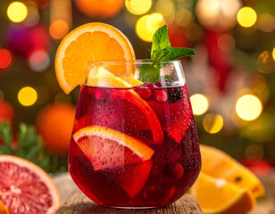 Glass of red sangria with floating fruits and condensation droplets, close-up