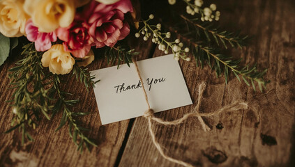 bouquet with a thank you tag resting on a wooden surface during a sunny afternoon.