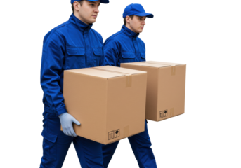 Isolated movers in blue uniforms carrying boxes with cargo symbols for delivery service