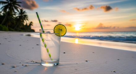 Refreshing drink with lime slice and striped straw on tropical beach at sunset Palm trees silhouette against colorful sky