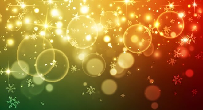 Abstract background with a festive bokeh effect, featuring sparkling lights, glitter, and snowflakes in warm red, orange, and yellow tones