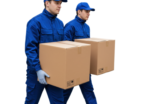 Isolated movers in blue uniforms carrying boxes with cargo symbols for delivery service