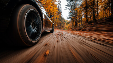 Low angle shot of car tire driving quickly along autumn forest path, motion blur and fallen leaves showing concept of speed, travel, freedom and outdoor seasonal lifestyle.