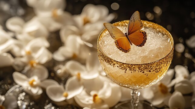 the image shows a decorative drink in a round gl with a textured surface, possibly featuring gold flakes