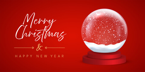 Obraz na płótnie Canvas Empty snow globe with snowflakes on red background with festive congratulations. Happy New Year greeting card vector template. Xmas horizontal social media banner, poster, postcard.