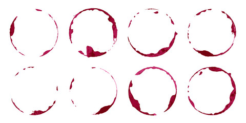 Wine glass stains set. Red circular wine rings and splashes on white background. Realistic beverage marks collection for bar or restaurant design, menu decoration. Texture vintage vector illustration.