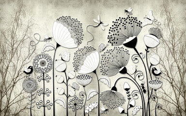 Artistic monochrome abstract floral mural with decorative design. © design