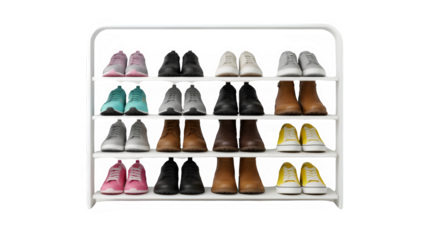 Shoe rack with shoes arranged neatly isolated on PNG background.