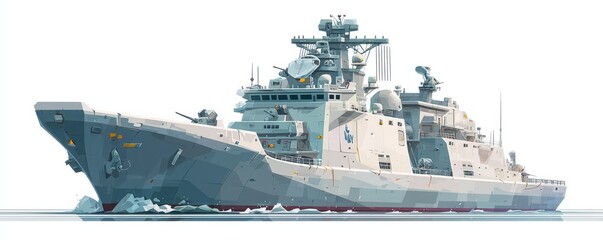 Modern naval ship cutting through arctic ice in stylized vector art
