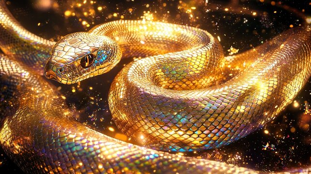 the picture shows a golden snake body in the middle of the picture, without a head, as if looking for soing, 