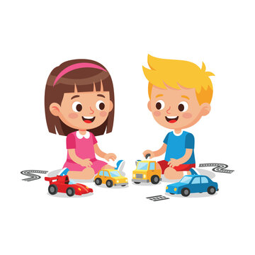 Two happy children playing with toy cars and race tracks on a white background