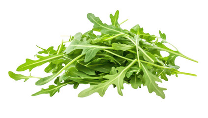 Obraz premium Fresh arugula leaves piled together on a clean white background. their green color and unique shape. ideal for culinary use in salads and garnishes