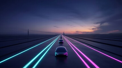 Futuristic vehicles on neon illuminated highway at dusk