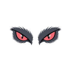 Fierce red eyes with dark furry eyebrows on white background