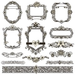 A collection of ornate decorative frames, borders, and ribbons, featuring intricate floral designs and classic motifs.