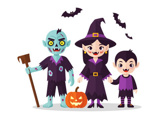 Spooky Trio: A whimsical Halloween illustration features a zombie, a witch, and a vampire. The scene is set with a carved pumpkin, and bats enhancing the festive spooky vibes. 