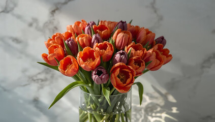 Bright bouquet of orange and purple tulips in a clear glass vase on a marble surface
