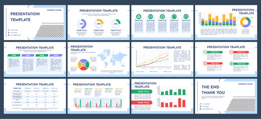 Finance infographics presentation slides. Business report charts, data visualization and analysis graphs, bar and pie diagrams, world map visualization, timeline comparison and report vector layouts
