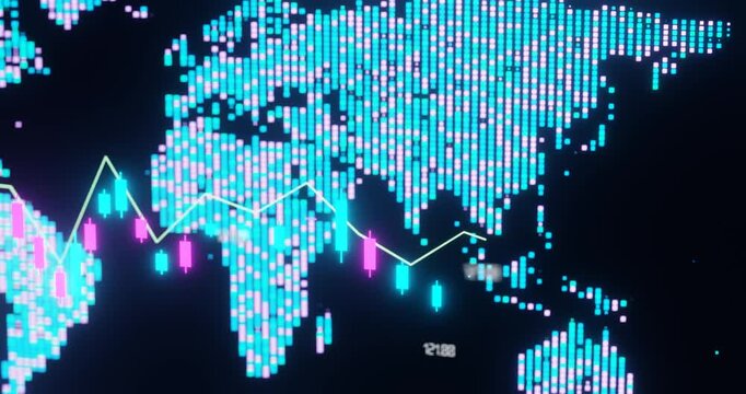 Abstract digital map of the world combined with a glowing candlestick chart. Concept of global finance, trading, investment, and digital economy.