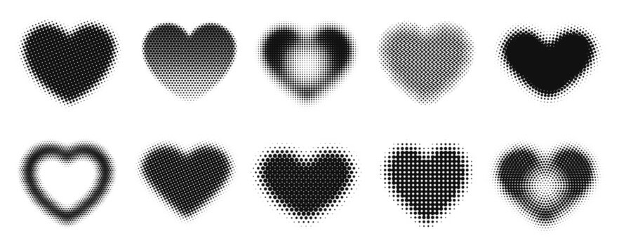 Halftone heart shapes. Dotted hearts with gradient dot patterns, retro pop art love symbols and abstract romantic elements with halftone stipple effect. Isolated vector set