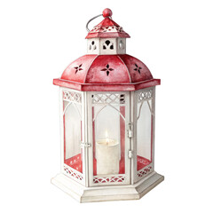 Watercolor Red and White Lantern with Burning Candle