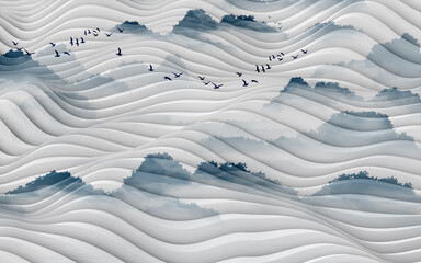 Elegant abstract wavy mural in white minimal design.