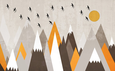 Geometric abstract mountain mural with golden highlights and birds. © design
